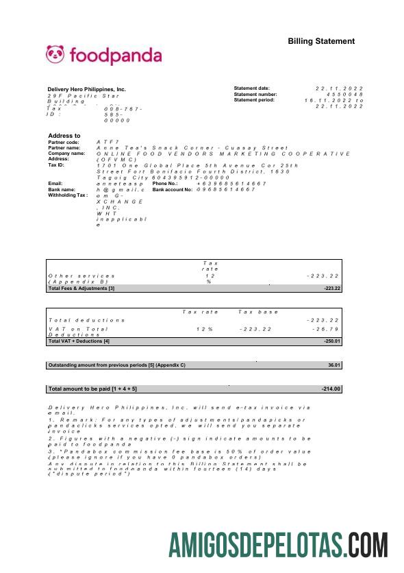 Declaração de faturamento Foodpanda para impressão nos EUA, Nova York, modelo Word e PDF, 4 páginas